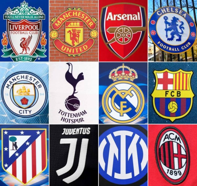 (COMBO) This combination of file pictures made on April 19, 2021, shows the logos of the following European football clubs: (top, L-R) Liverpool on May 30, 2019 in Madrid; Manchester United on July 5, 2013 in Manchester; Arsenal on March 2, 2019 in London; Chelsea on March 13, 2020 in London; (middle, L-R) Manchester City on April 10, 2021 in Manchester; Tottenham Hotspur on March 2, 2019 in London; Real Madrid on May 20, 2014 in Lisbon; Barcelona on September 28, 2016 in Moenchengladbach; (bottom, L-R) Atletico Madrid on May 20, 2014 in Lisbon; Juventus on May 26, 2019 in Genoa; Inter Milan on April 7, 2021 in Milan; and AC Milan on September 10, 2006 in Milan. - Plans for a breakaway Super League announced by twelve of European football's most powerful clubs plunged European football into an unprecedented crisis on April 19, 2021, with threats of legal action and possible bans for players, as the UEFA president called it a "spit in the face" for supporters. Six Premier League teams -- Liverpool, Manchester United, Arsenal, Chelsea, Manchester City and Tottenham Hotspur -- joined forces with Spanish giants Real Madrid, Barcelona and Atletico Madrid and Italian trio Juventus, Inter Milan and AC Milan to launch the planned competition. (Photo by AFP)