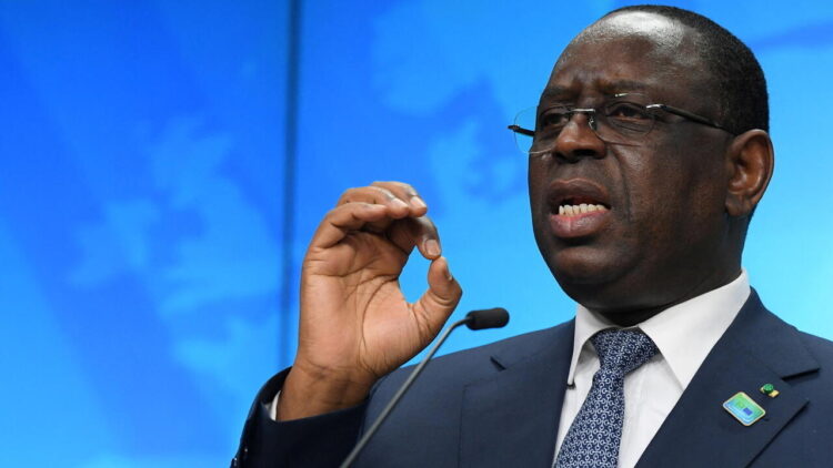 FILE PHOTO: Senegal's President Macky Sall speaks at a news conference on the second day of a European Union (EU) African Union (AU) summit at The European Council Building in Brussels, Belgium February 18, 2022. John Thys/Pool via REUTERS/File Photo