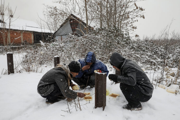 Migrants eat free food during a snowfall outside a derelict customs warehouse in Belgrade, Serbia January 9, 2017. REUTERS/Marko Djurica