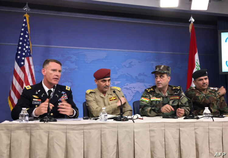 US military spokesman Colonel Ryan Dillon (L) speaks as Iraqi security forces spokesmen (L-R) Brigadier General Yahya Rasool, Brigadier General Halgwrd Hikman Ali and Brigadier General Saad Maan look on during a press conference at the Pentagon in Washington, DC on July 13, 2017.


Baghdad is investigating allegations of torture and rights abuses meted out by Iraqi security forces to Islamic State prisoners in Mosul, two Iraqi officials said at the Pentagon. / AFP PHOTO / Thomas WATKINS
