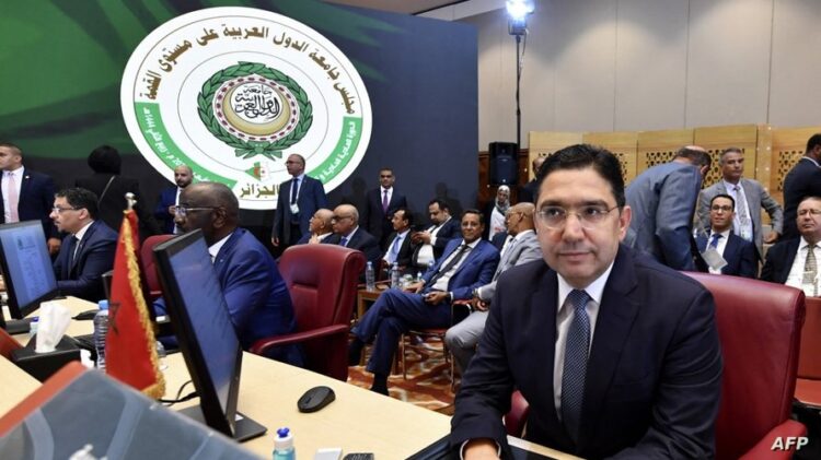 Morocco's Foreign Minister Nasser Bourita (R), attends the opening session of the preparatory meeting of Arab foreign ministers on October 29, 2022 in Algerian capital Algiers, ahead of next week's summit of heads of Arab states. (Photo by FETHI BELAID / AFP)