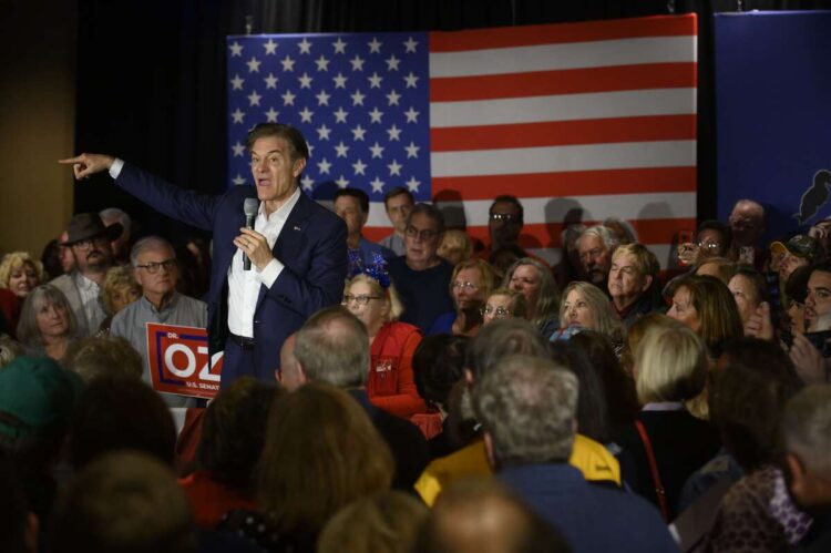 WEXFORD, PA - NOVEMBER 04: Republican U.S. Senate candidate Dr. Mehmet Oz speaks to supporters at a campaign rally at The Chadwick on November 4, 2022 in Wexford, Pennsylvania. In the November general election, Oz faces Democratic Pennsylvania Senate nominee John Fetterman. on November 4, 2022 in Wexford, Pennsylvania.   Jeff Swensen/Getty Images/AFP