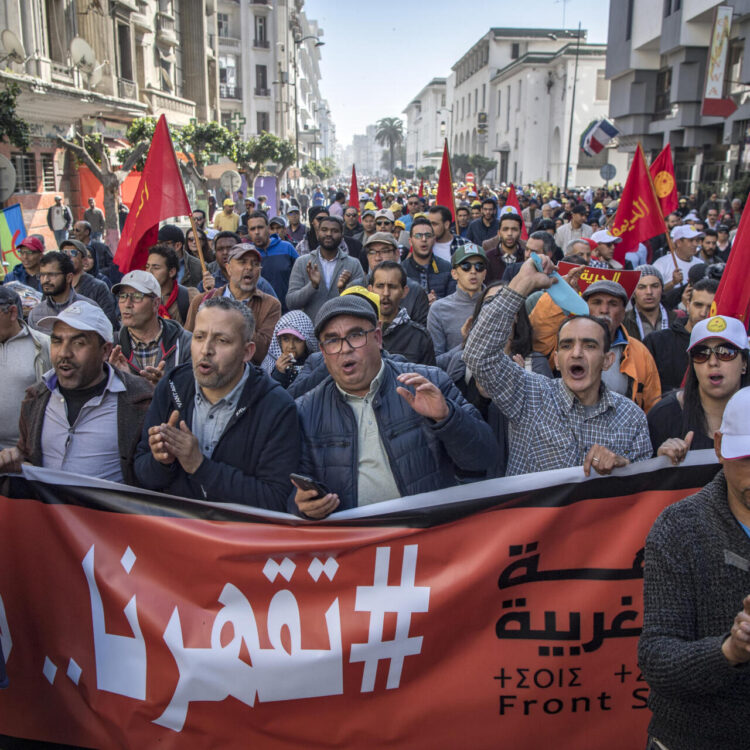 Protesters take part in a demonstration against poverty and the economic situation, called for by the "Moroccan Social Front movement", on February 23, 2020, in the capital Casablanca. (Photo by FADEL SENNA / AFP)