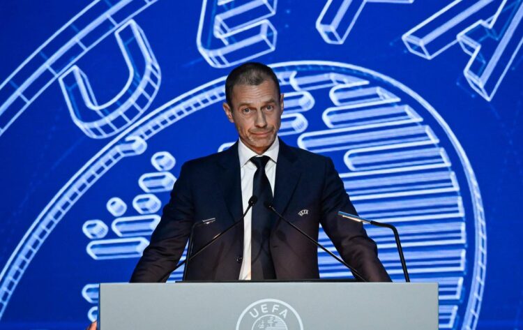Re-elected UEFAs president Aleksander Ceferin delivers a speech during the 47th UEFA Congress held in Lisbon on April 5, 2023. (Photo by PATRICIA DE MELO MOREIRA / AFP)