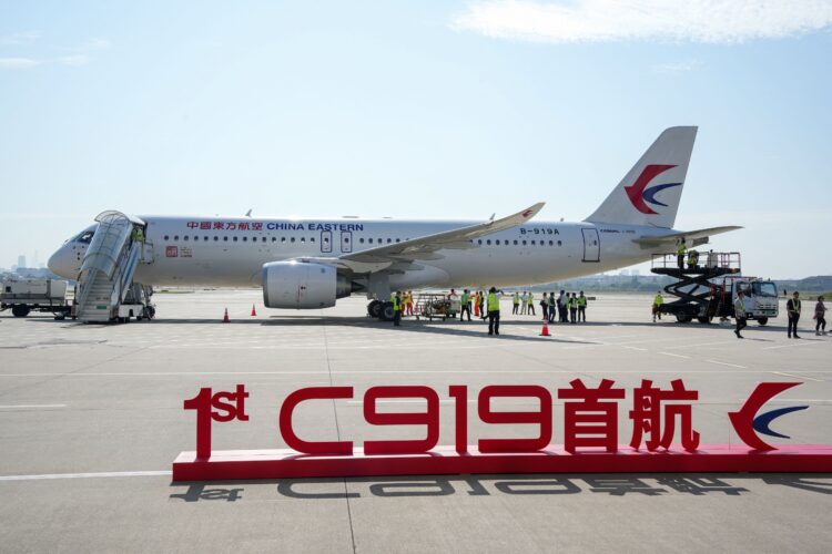 China's first domestically produced passenger jet C919 sits on the tarmac before its first commercial flight from Shanghai to Beijing, in Shanghai Hongqiao Airport on May 28, 2023. China's first domestically produced passenger jet took off on its maiden commercial flight on May 28, a milestone event in the nation's decades-long effort to compete with Western rivals in the air. (Photo by CNS / AFP) / China OUT (Photo by STR/CNS/AFP via Getty Images)