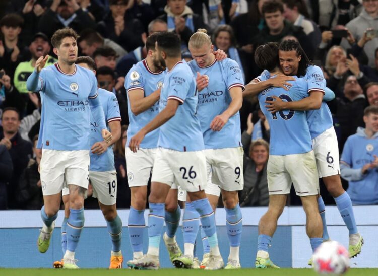 3rd May 2023; Etihad Stadium, Manchester, England; Premier League Football, Manchester City versus West Ham United; Nathan Ake of Manchester City celebrates with his teammates after scoring to give his side a 1-0 lead after 49 minutes - Photo by Icon sport
