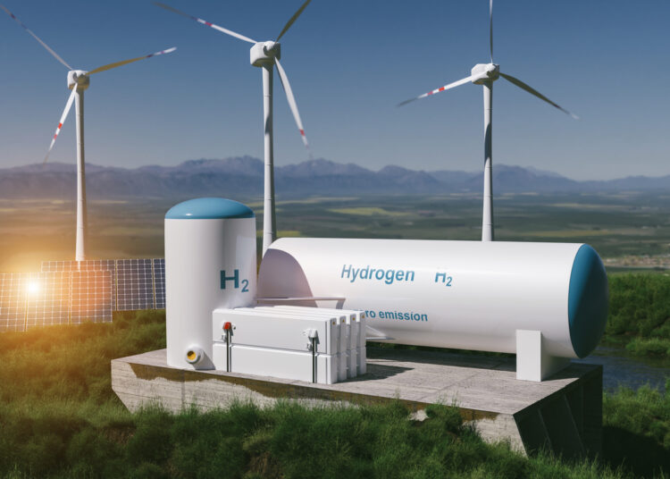 Hydrogen renewable energy production - hydrogen gas for clean electricity solar and windturbine facility. 3d rendering.