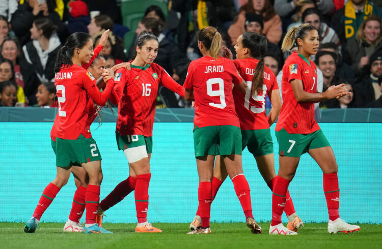 PERTH, AUSTRALIA - AUGUST 03: Anissa Lahmari (3rd L) of Morocco celebrates after scoring her team's first goal during the FIFA Women's World Cup Australia & New Zealand 2023 Group H match between Morocco and Colombia at Perth Rectangular Stadium on August 03, 2023 in Perth, Australia. (Photo by Aitor Alcalde - FIFA/FIFA via Getty Images)
