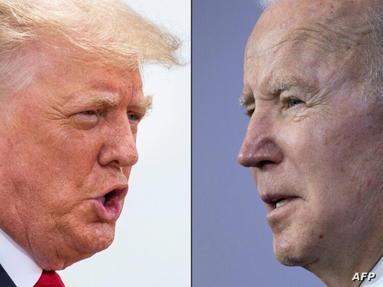(COMBO) This combination of pictures created on February 16, 2022 shows Former US President Donald Trump during a visit to the border wall near Pharr, Texas on June 30, 2021 and US President Joe Biden during a visit to Germanna Community College in Culpeper, Virginia, on February 10, 2022. Joe Biden has told the National Archives to send records of visitors to the White House to the committee investigating the Capitol insurrection, rejecting Donald Trump's claims of "executive privilege," his administration said February 16, 2022. (Photo by Sergio FLORES and Brendan Smialowski / AFP)