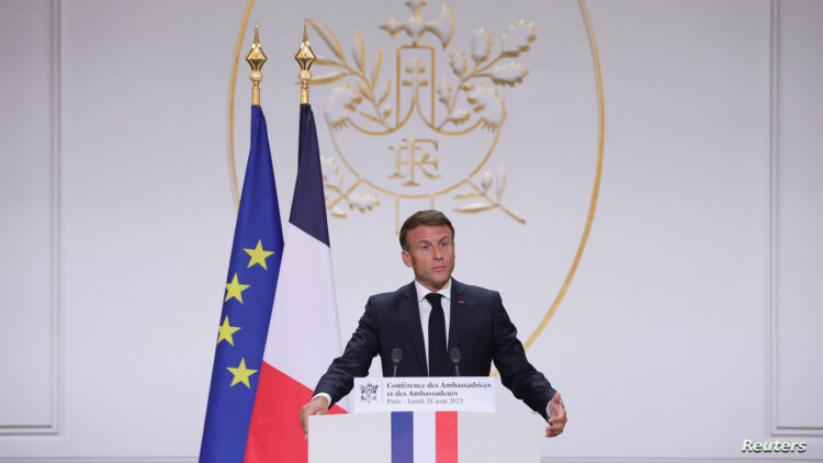 French President Emmanuel Macron gives a speech in front of French ambassadors during the conference of ambassadors at the Elysee Palace, Paris, France, August 28, 2023.   TERESA SUAREZ/Pool via REUTERS
