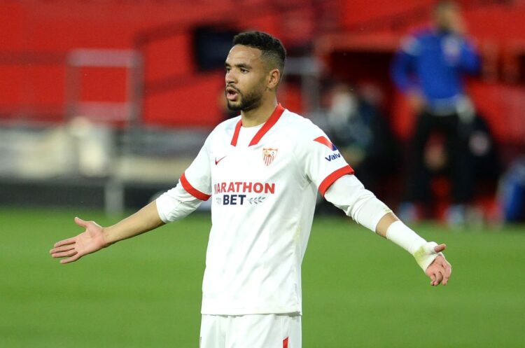 Sevilla's Moroccan forward Youssef En-Nesyri  reacts during the Spanish league football match Sevilla FC against Elche CF at the Ramon Sanchez Pizjuan stadium in Seville on March 17, 2021. (Photo by CRISTINA QUICLER / AFP) (Photo by CRISTINA QUICLER/AFP via Getty Images)