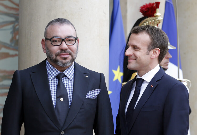 PARIS, FRANCE - APRIL 10:  French President Emmanuel Macron welcomes Morocco's King Mohammed VI prior to their meeting at the Elysee Presidential Palace on April 10, 2018 in Paris, France. King Mohammed VI is in Paris for an official visit.  (Photo by Chesnot/Getty Images)