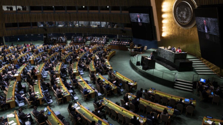 Sergiy Kyslytsya, Permanent Representative of Ukraine to the United Nations, speaks during a meeting of the United Nations General Assembly, Thursday, April 7, 2022, at United Nations headquarters. The U.N. General Assembly scheduled a vote Thursday on a resolution to suspend Russia from the world organization's leading human rights body over allegations that Russian soldiers killed civilians while retreating from the region around Ukraine's capital. (AP Photo/John Minchillo)